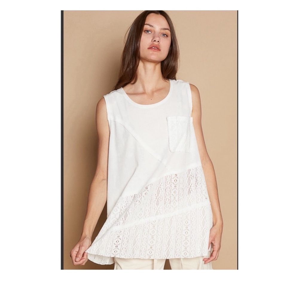 🏝️BB209. NWT POL White Sleeveless Lace Panel Tunic Tank